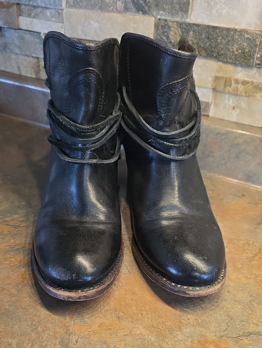 Freebird Black Leather Ankle Booties with Wrap Strap Detail Size 10